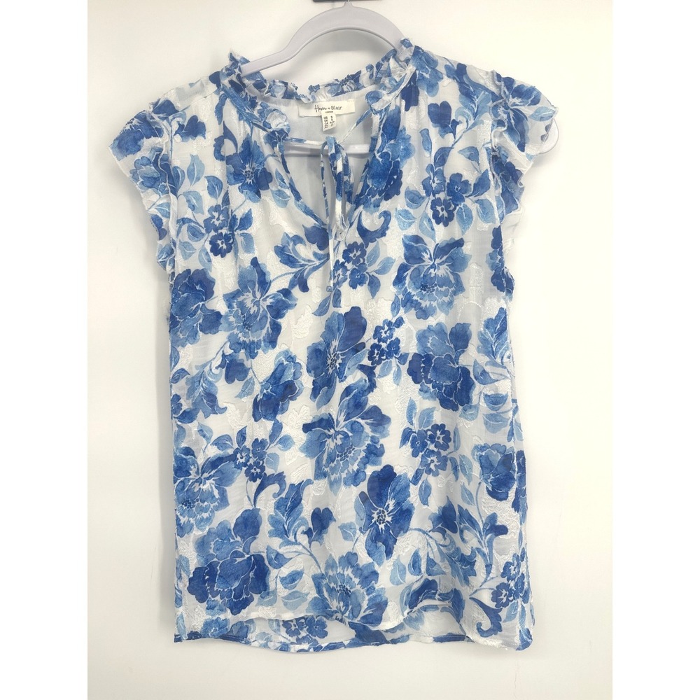 Haver + Blair Top Womens S Blue Floral Flutter Sleeve Tie Neck Cottage Grandma